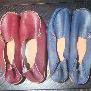 Women's Leather Loafers - Red and Blue